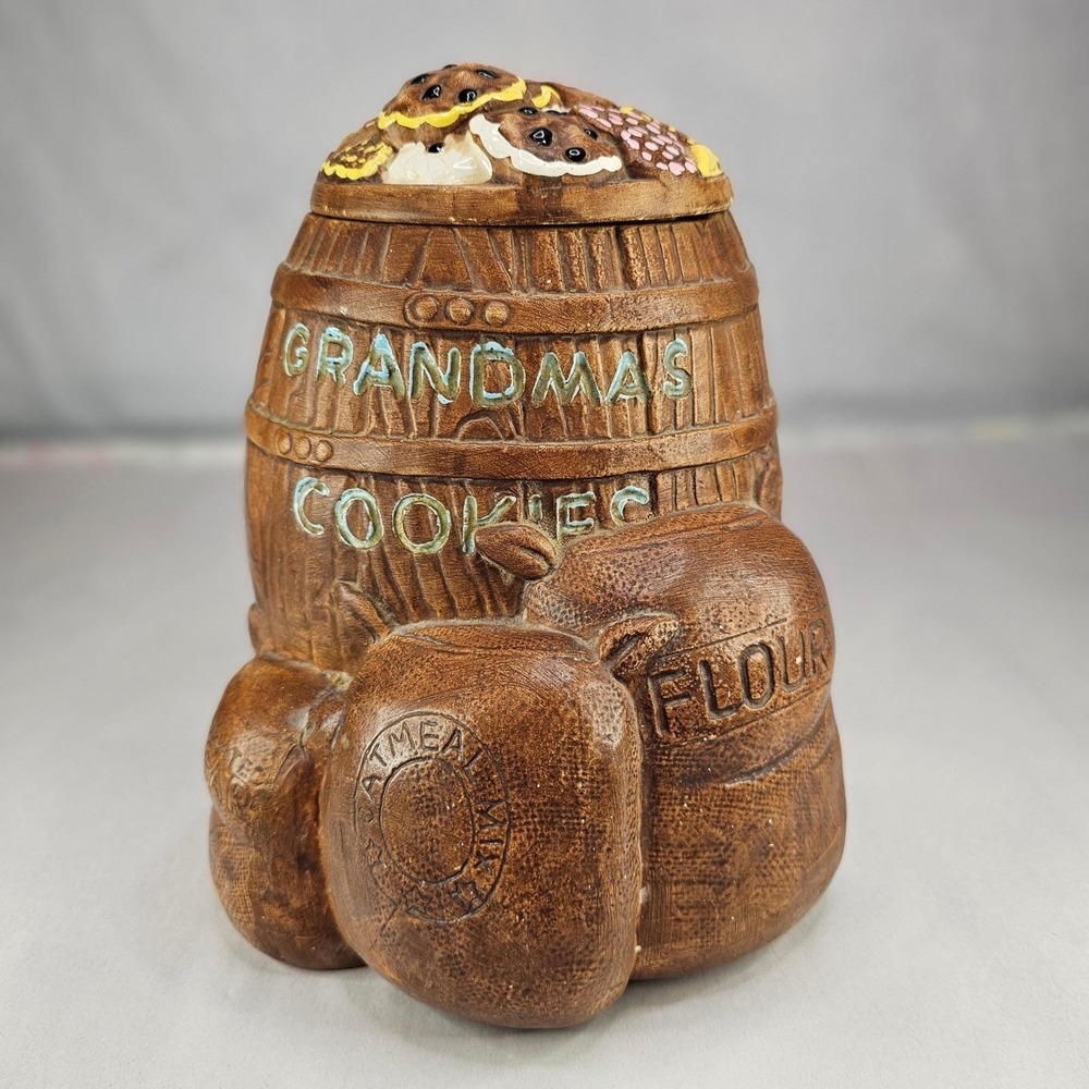 Vintage Twin Winton Grandmas Cookies Barrel Ceramic Cookie Jar Brown Handpainted
